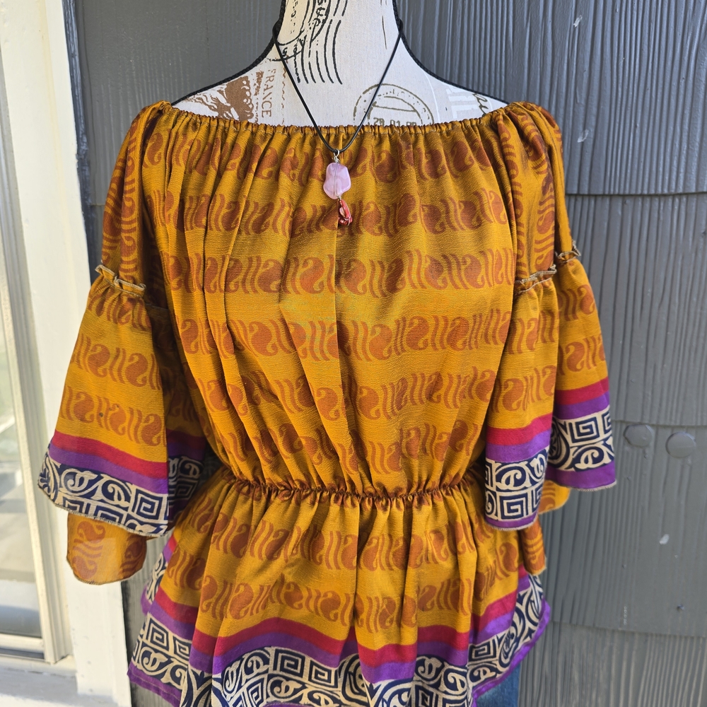 Bohemian Traders Off-Shoulder Peasant Top in Mustard with Pink and Purple Trim